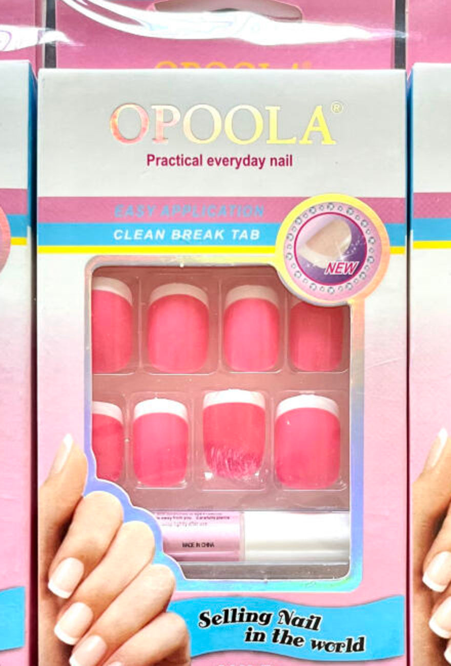 Caja de 24 uñas postizas press-on rosa con punta francesa, lima y pegamento